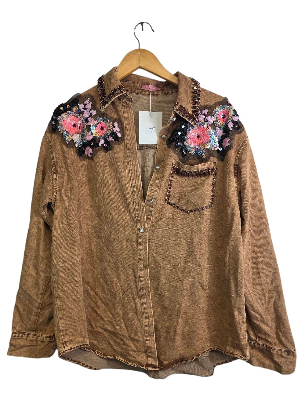 Nwt JJ’s Fairyland Embellished Brown Denim Shirt Jacket Size L